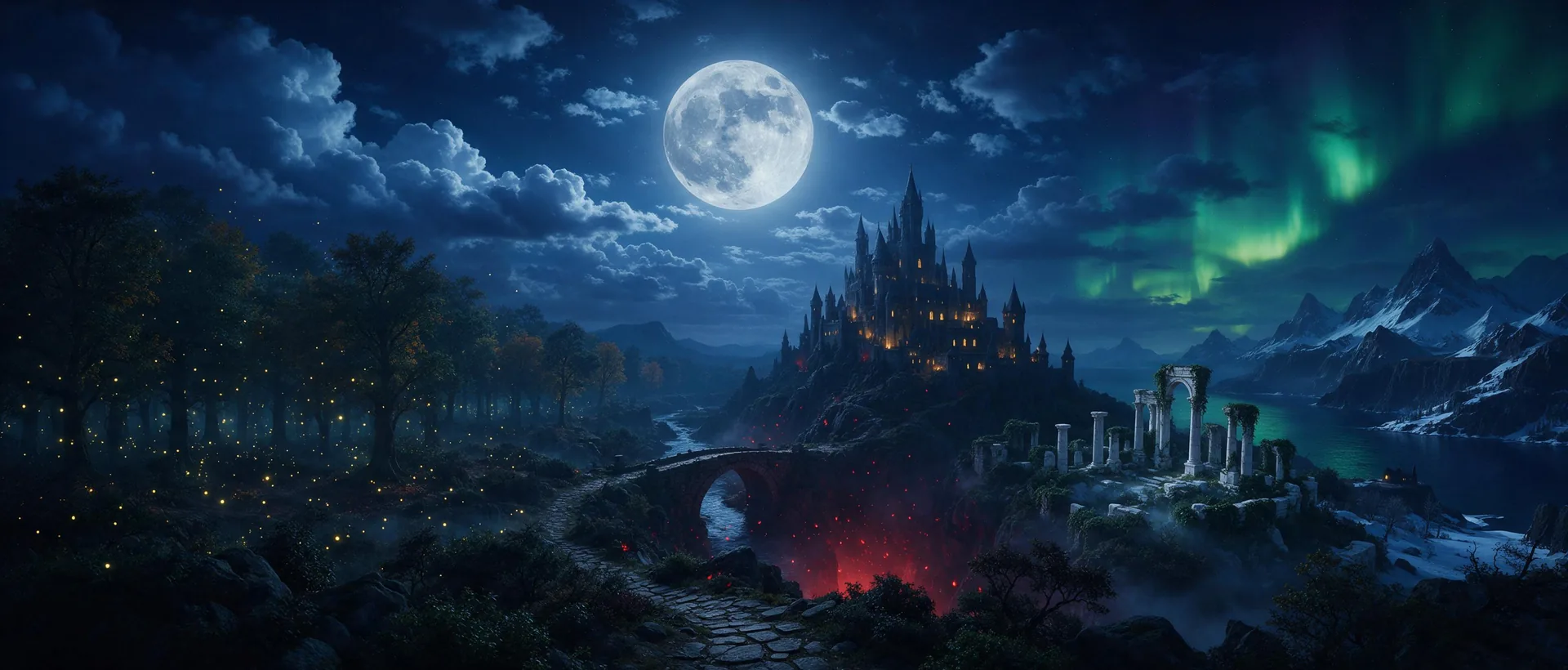 The world of Fablewild: forest, path, castle and fjord